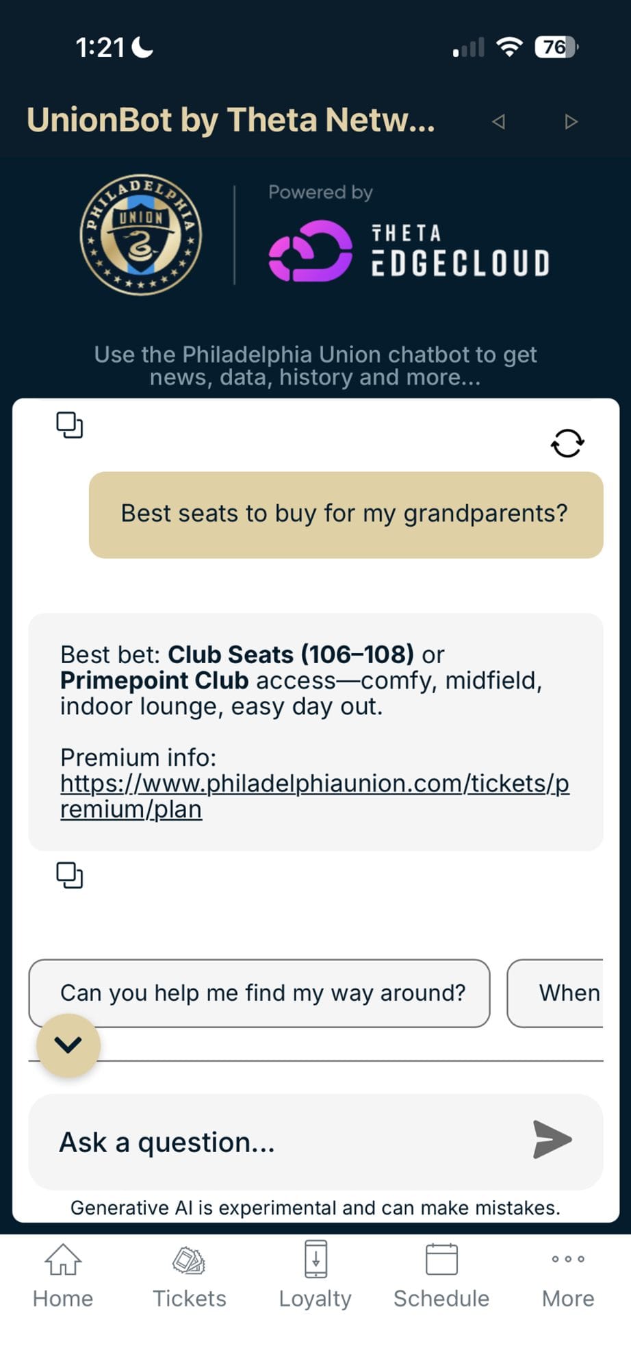 UnionBot provides seating guidance in the Philadelphia Union app