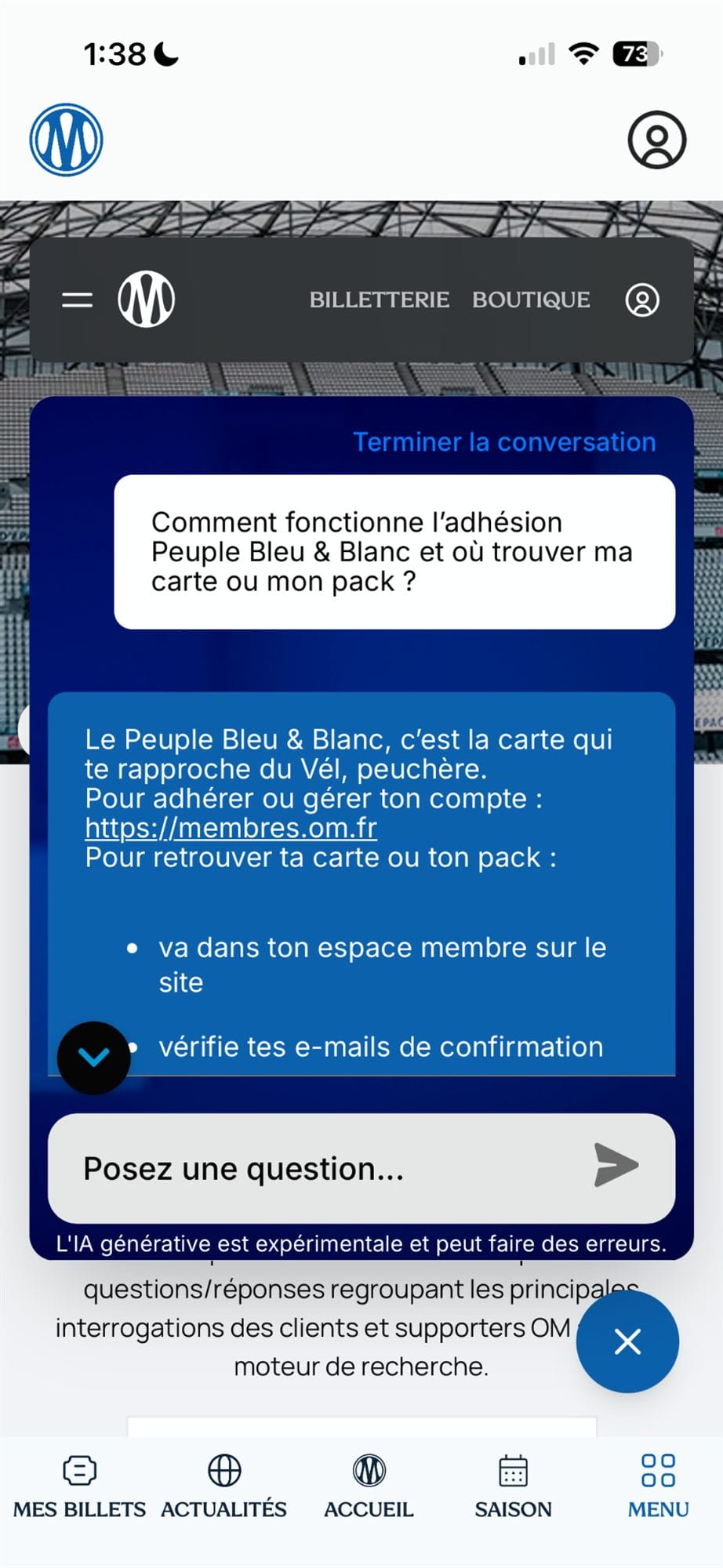 The OM agent helps a supporter find membership information in French