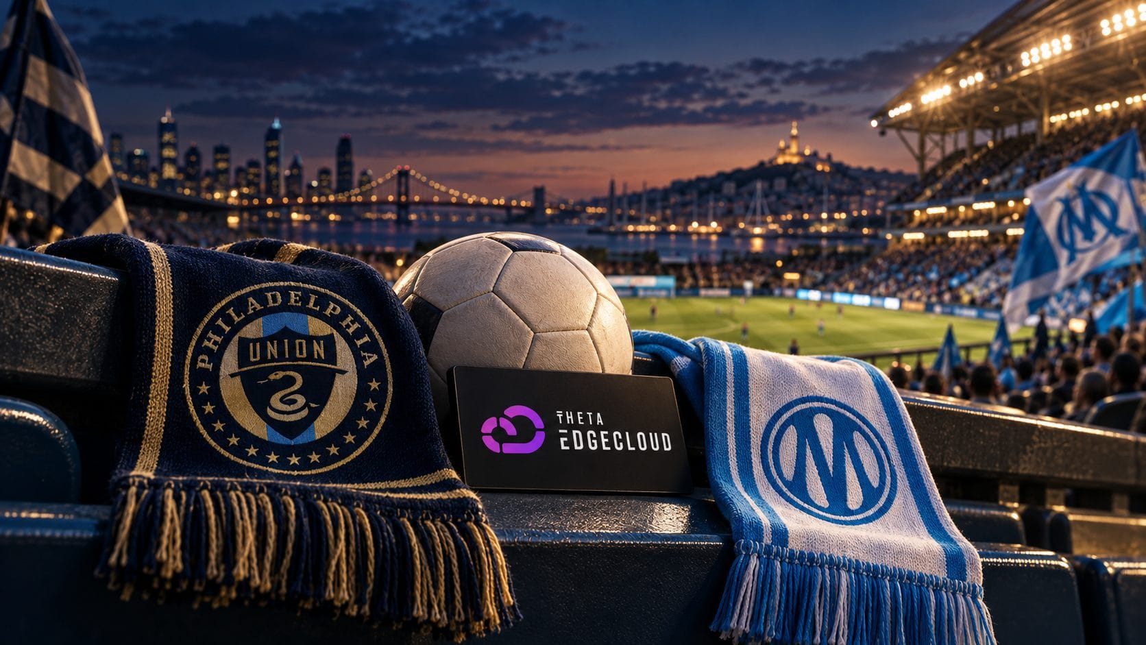 Conceptual football image combining Philadelphia Union Olympique de Marseille and Theta EdgeCloud branding
