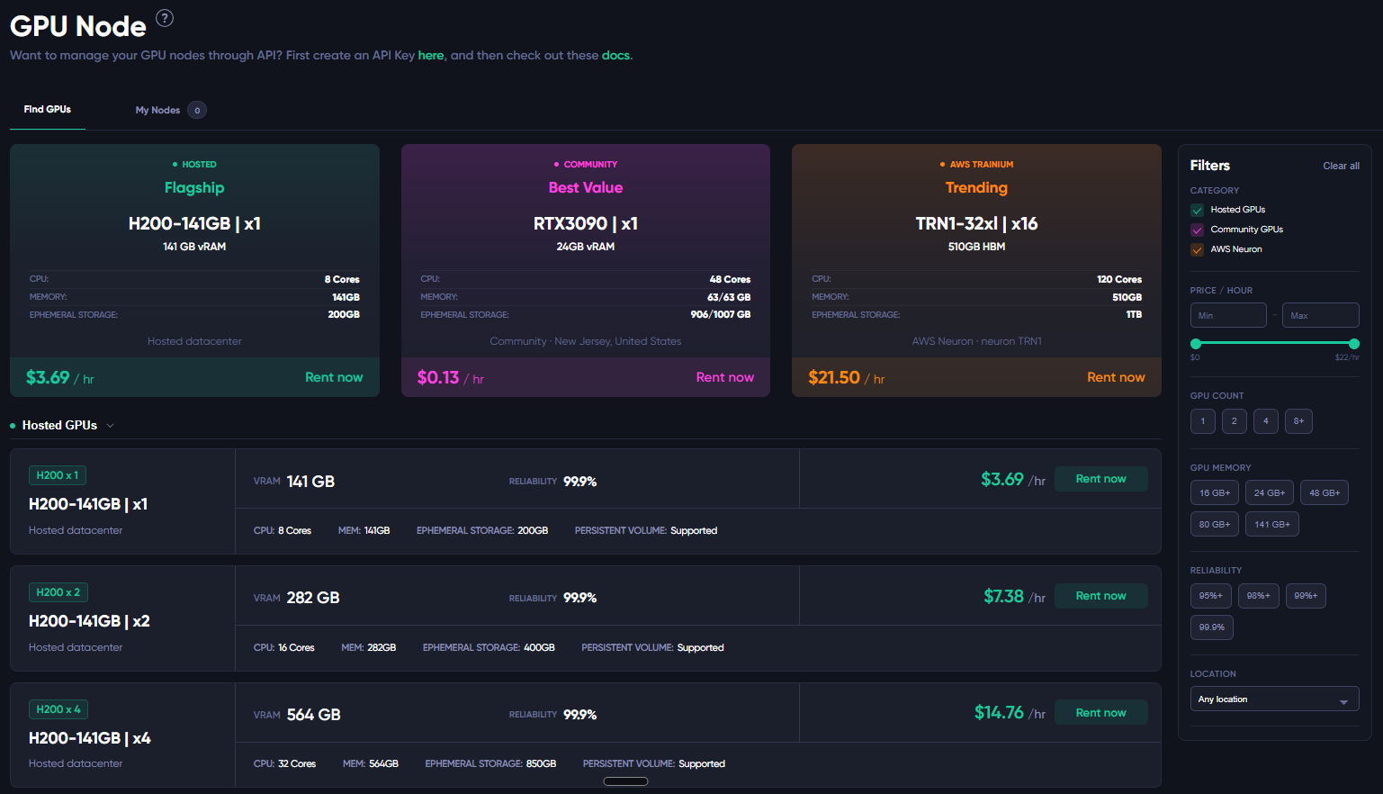Theta EdgeCloud GPU Node page showing hosted, community and AWS Trainium GPUs with prices per hour