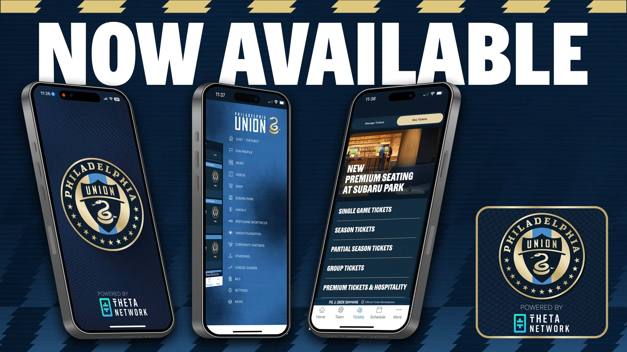The Philadelphia Union mobile app, powered by Theta Network, on three phone screens