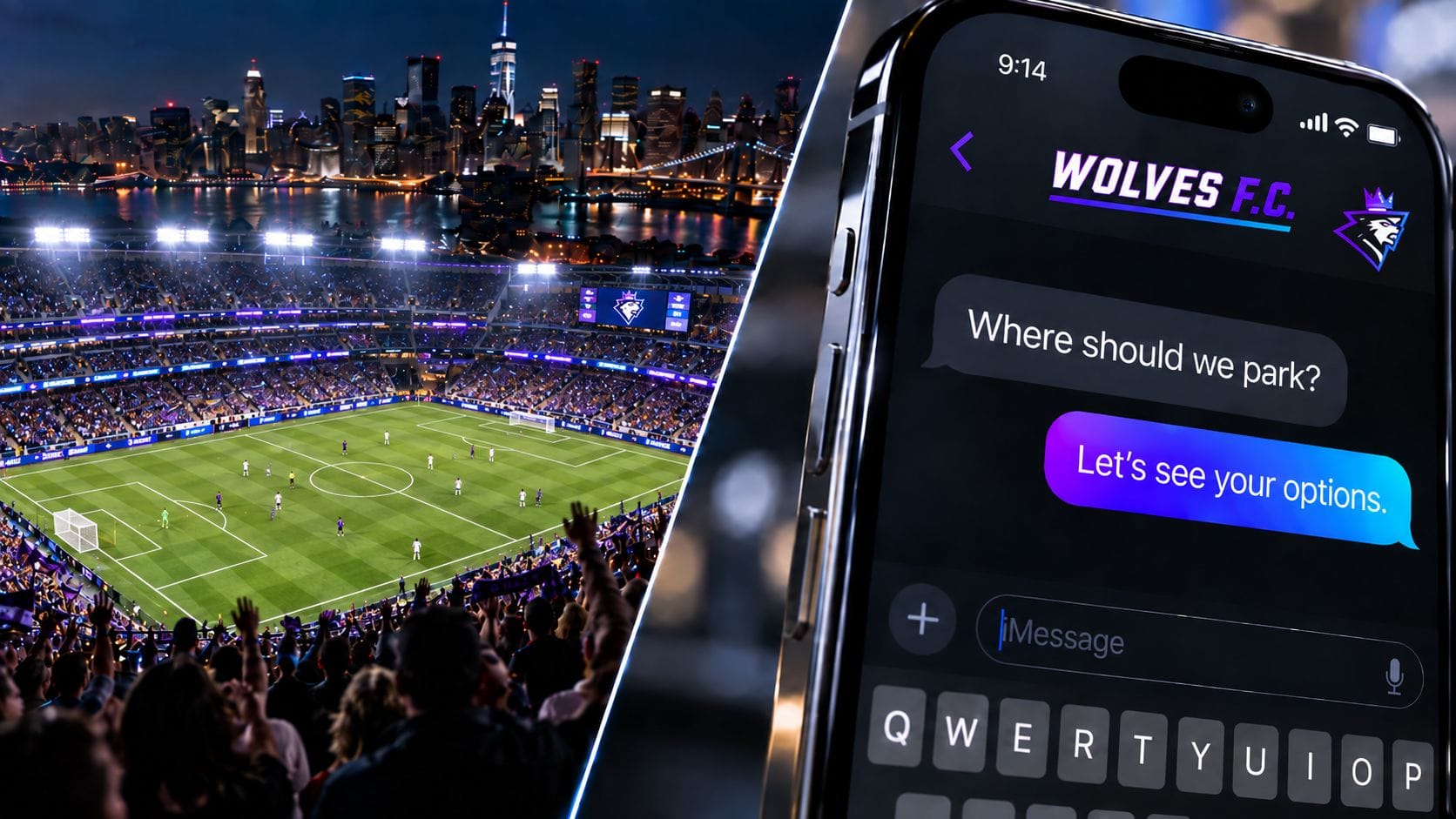 A packed stadium at night beside a phone showing a Wolves F.C. fan chat asking where to park