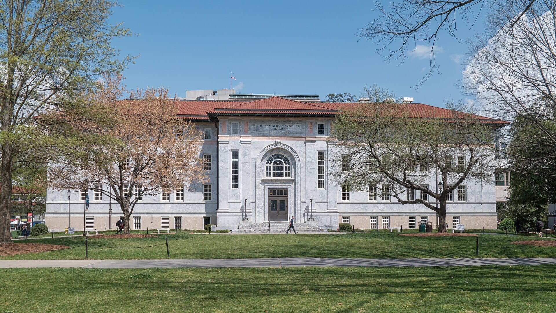 The marble Asa Griggs Candler Library on the Quadrangle at Emory University