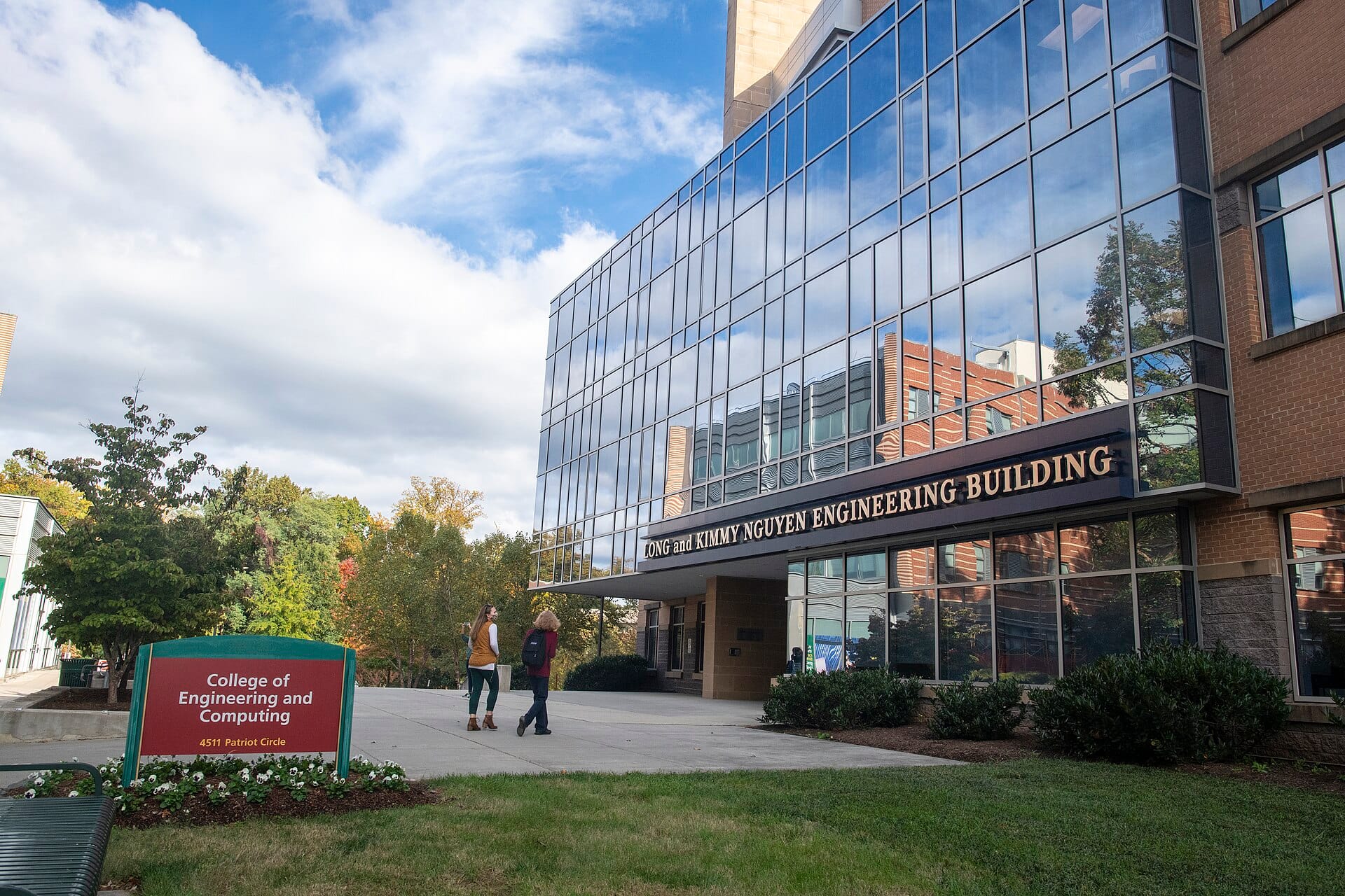 The glass-fronted Long and Kimmy Nguyen Engineering Building at George Mason University