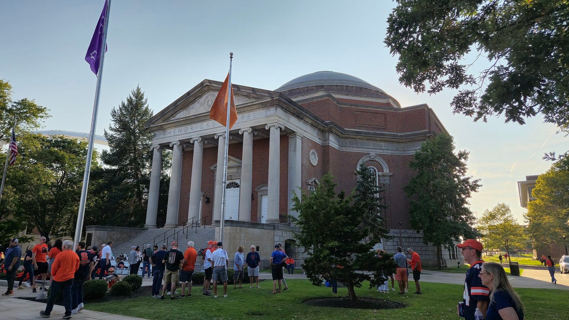 Hendricks Chapel, a red-brick building with a white-columned portico and dome, at Syracuse University