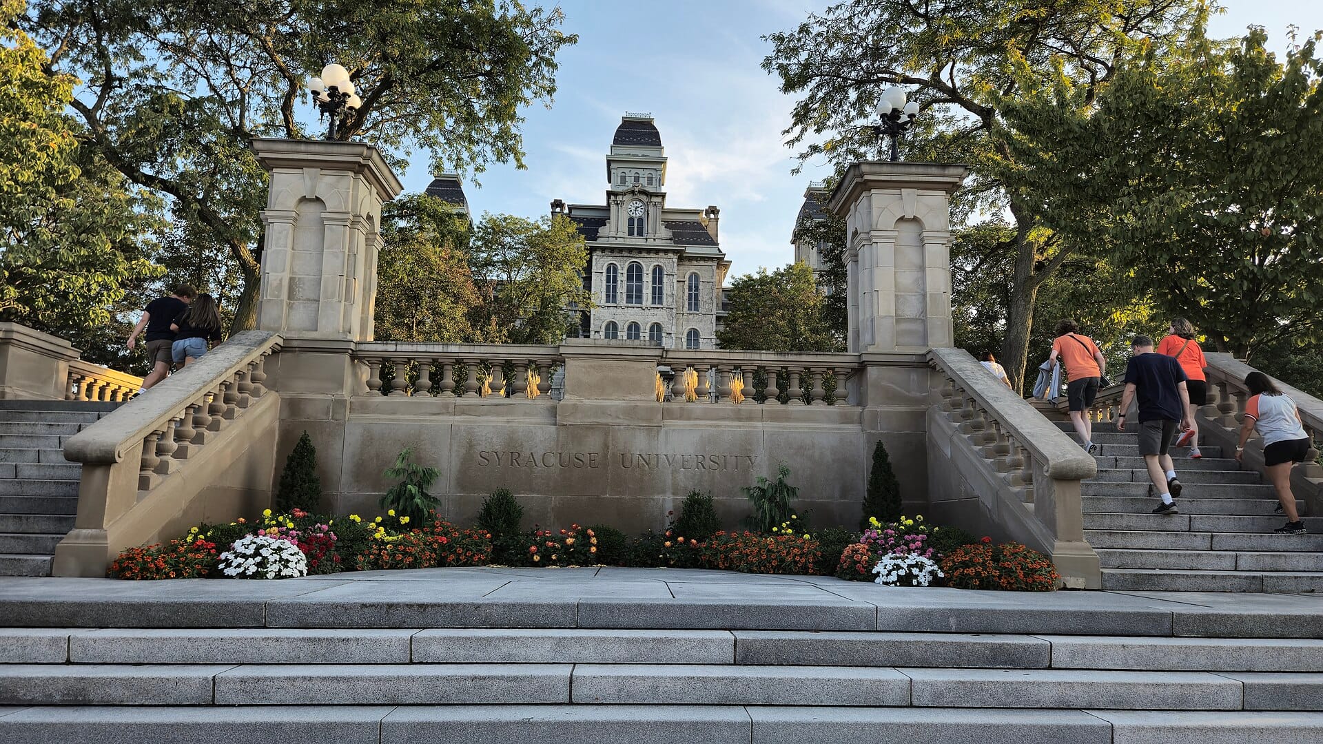 The stone gateway and the Hall of Languages at Syracuse University
