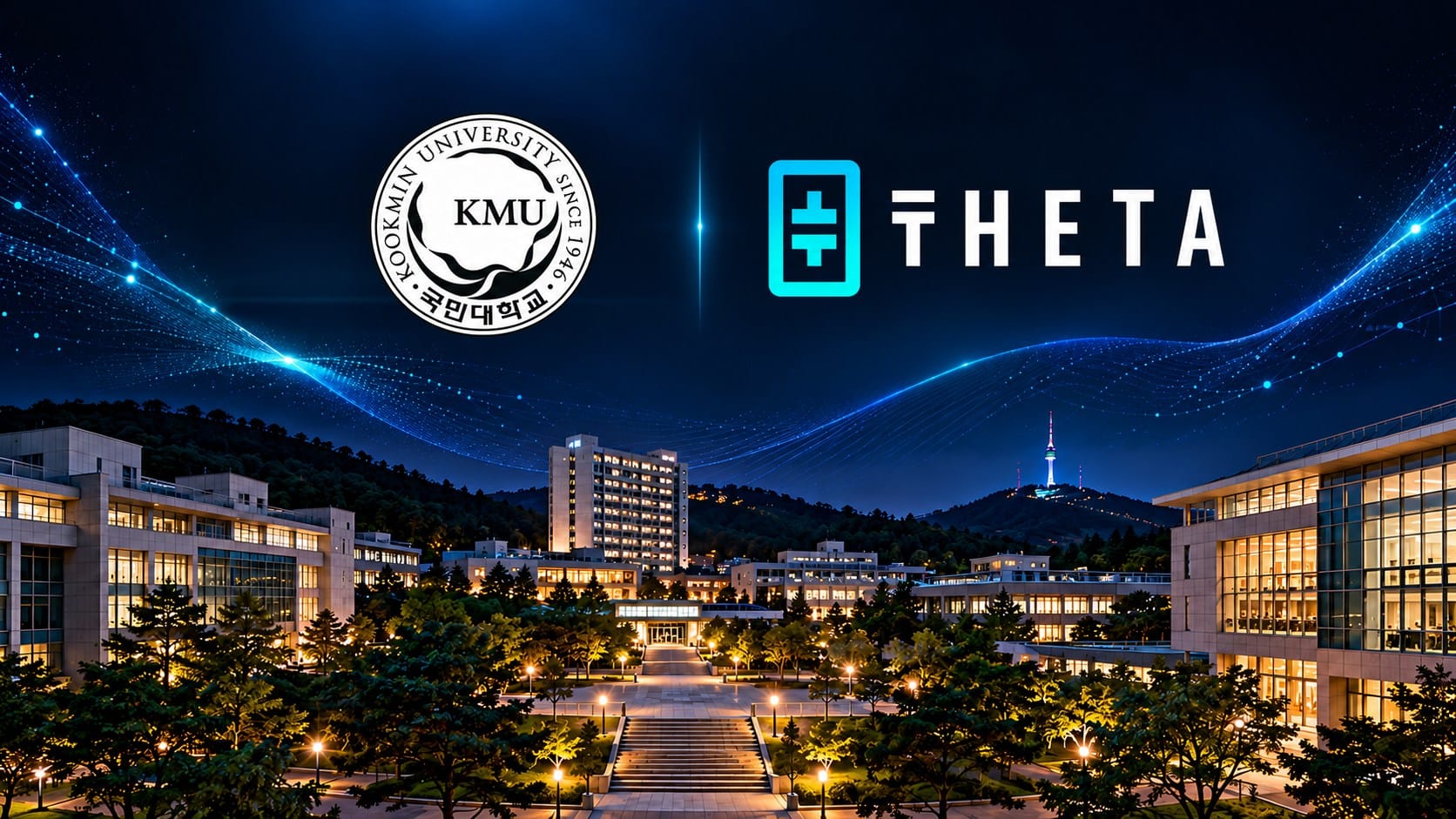 Kookmin University and Theta logos above the Kookmin University campus at night with N Seoul Tower in the background