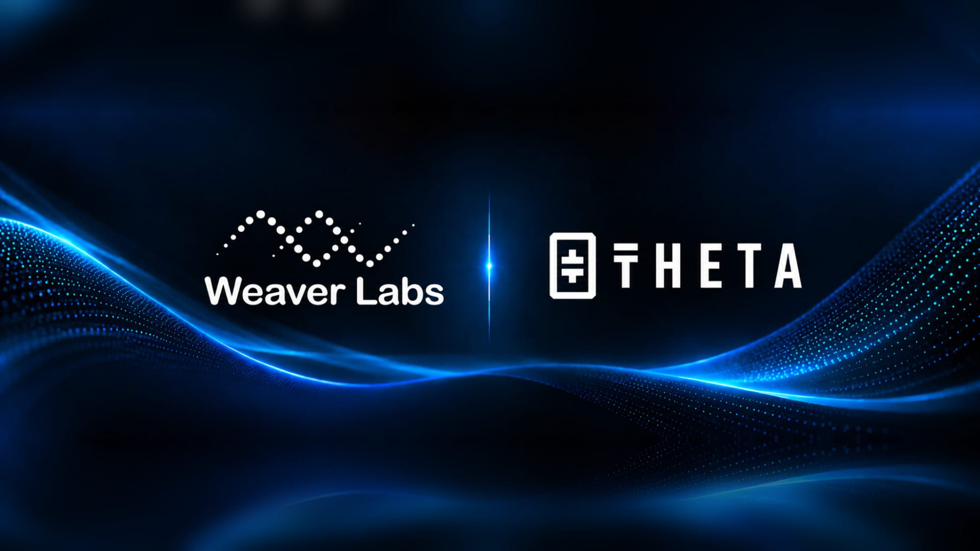 Weaver Labs and Theta logos side by side on a dark background with glowing blue waves of dots