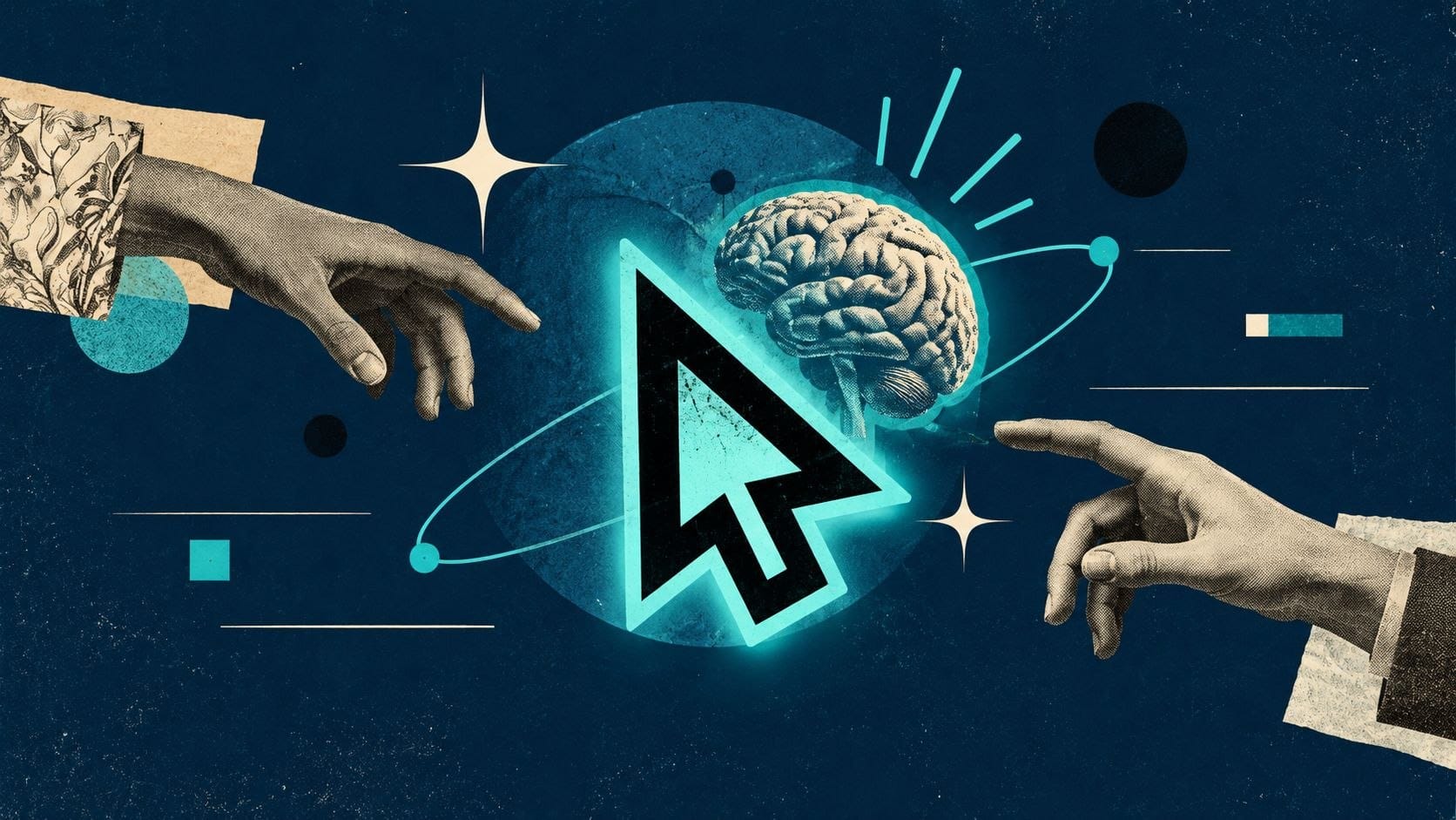 Collage of two reaching hands, a glowing teal mouse cursor and a human brain orbited by a ring on a dark navy background